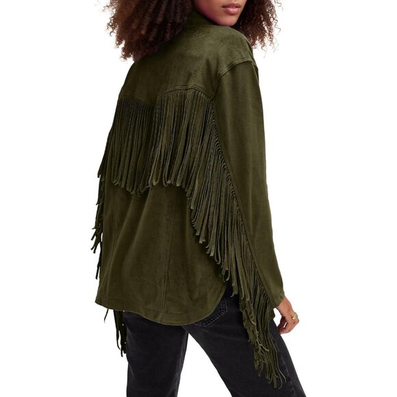 Jackets & Blazers - Women's Faux Suede Fringe Jacket Vintage Western Cowgirl Tassel Army Green